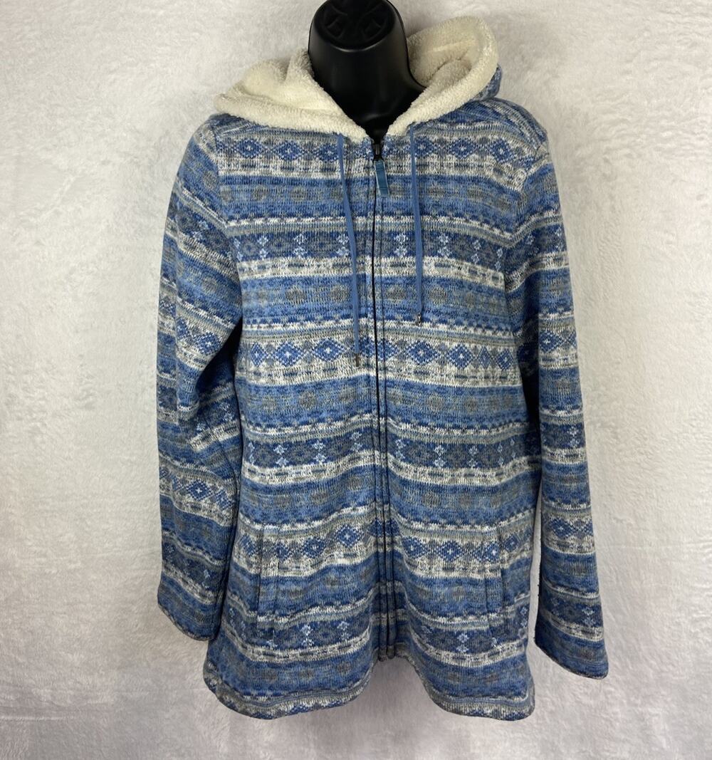 LL Bean Full Zip Sherpa Hoodie Sweater Women’s M Hooded Fair Isle Or Aztec Print